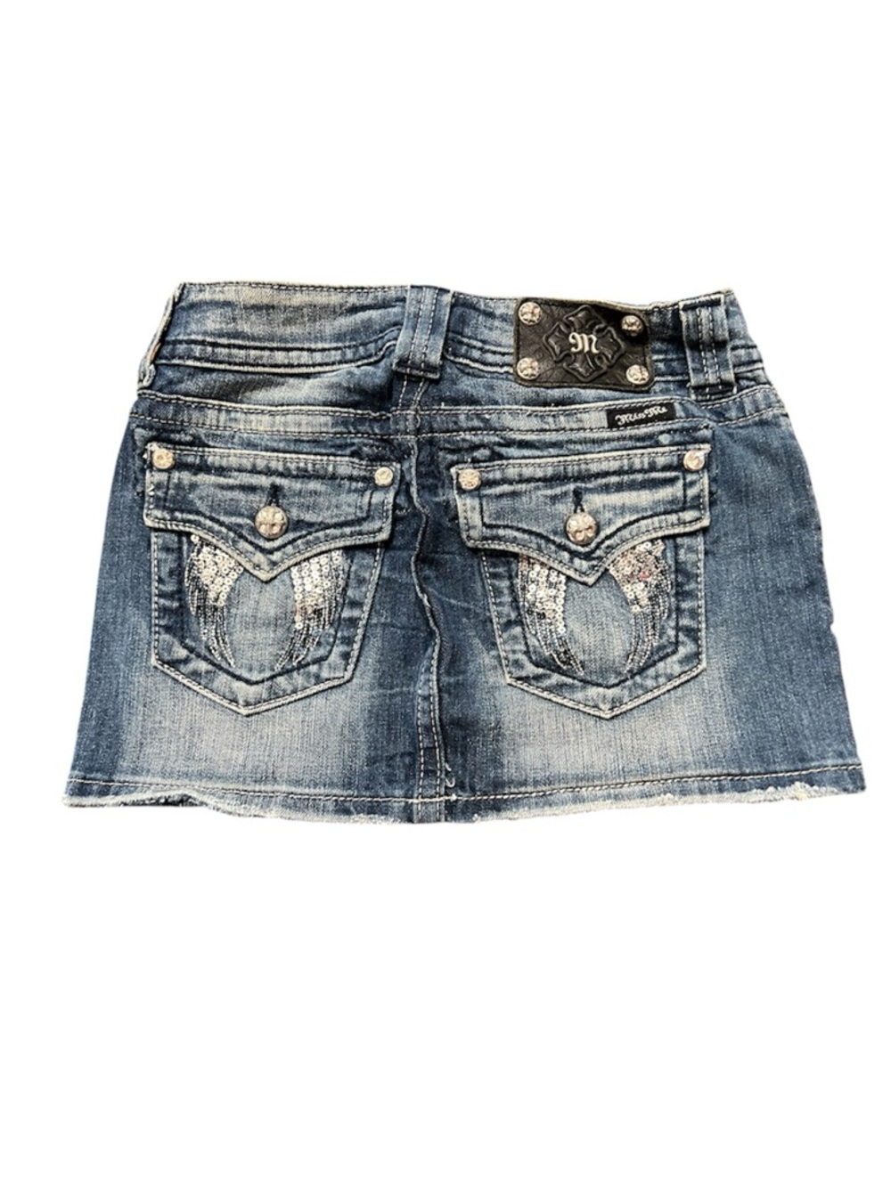 Miss Me Micro Mini Jean Skirt Y2K Festival Bling Sz 24 EUC